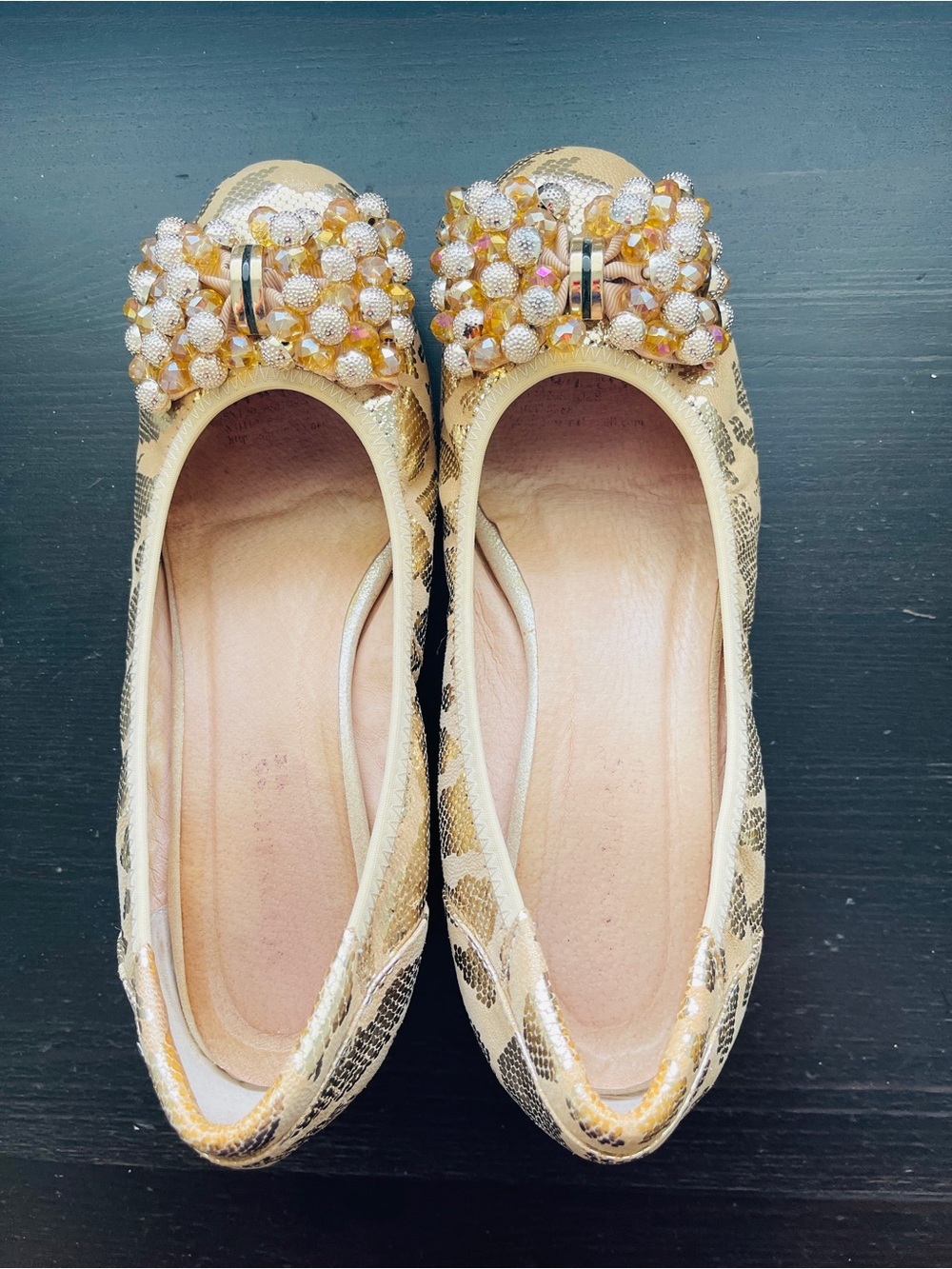 Embellished Gold Ballet Flats - Elegant Women’s Slip-Ons